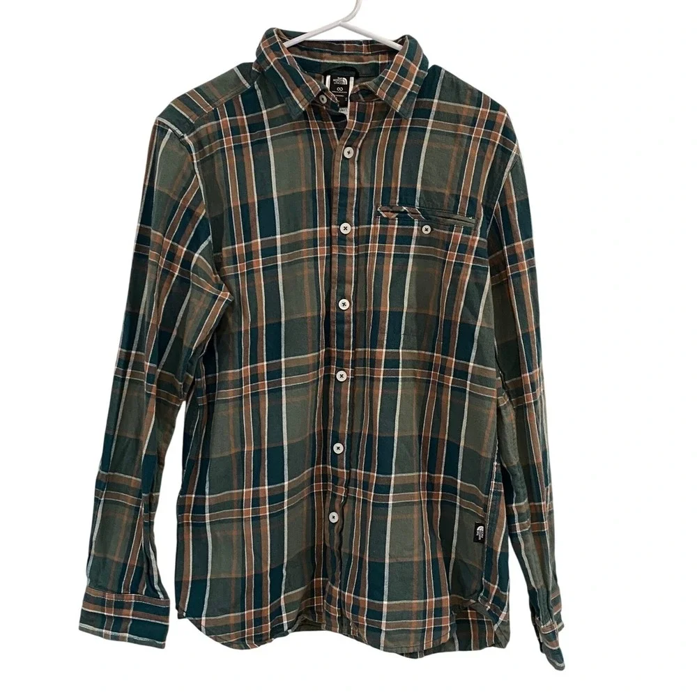 The North Face Mens Medium Plaid Flannel‎ Shirt Green Brown Gorpcore Hiking